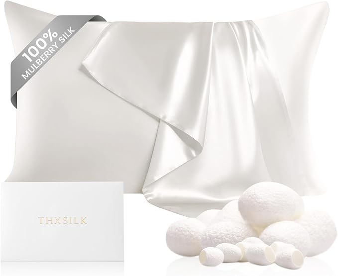 THXSILK 100% Silk Pillowcase for Hair and Skin, Both Sides Grade 6A+ 22 Momme Mulberry Silk Pillow Case with Hidden Zipper, Soft & Smooth White Pillowcase(1pc, Queen Size 20"x30")