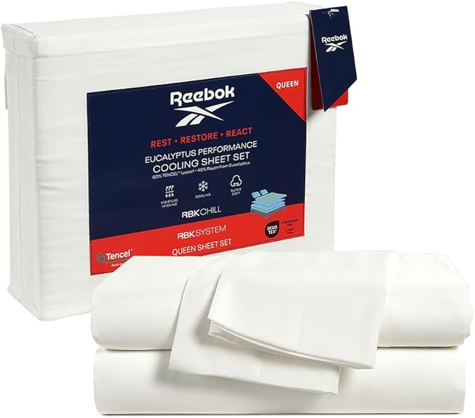 Reebok King Sheet Set from Tencel Eucalyptus - Soft, Cooling & Breathable for Hot Sleepers, Deep Pocket Up to 17 Inches, 4Pc Hotel Luxury Bedding Set, Bedsheet & Pillowcases (White, King)