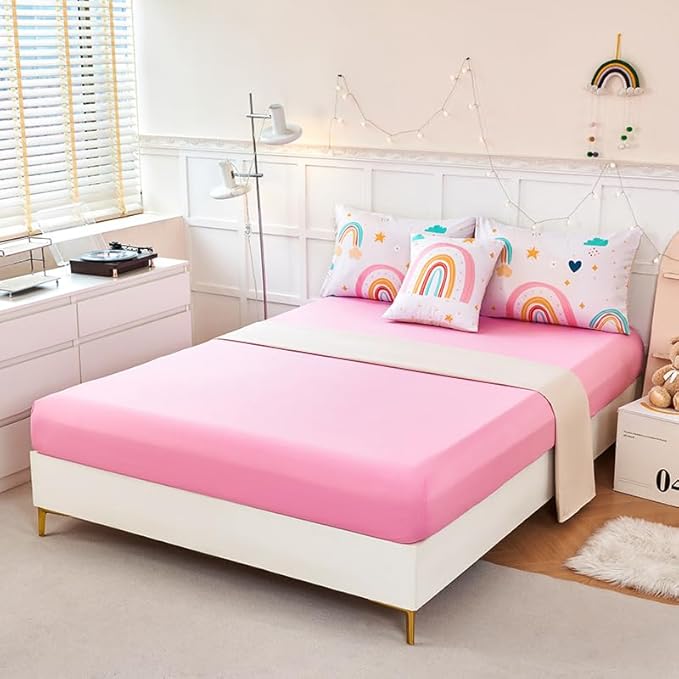 ANGIYUIN 6 Pieces Multi-Color Rainbow Full Bedding Set for Girls Kids Cute Cloud and Love Hearts Girls Comforter Set Soft Microfiber Kid Bed in a Bag with Comforter, Sheets, Pillowcases