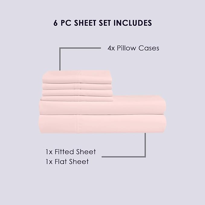Pizuna Pure 100% Cotton Bed Sheets Set King Size Light Pink, 800 Thread Count 100% Long Staple Cotton Sateen King Sheet Set with 15" Deep 2 Extra Pillowcases (Combed Cotton Bed Sheet Set)