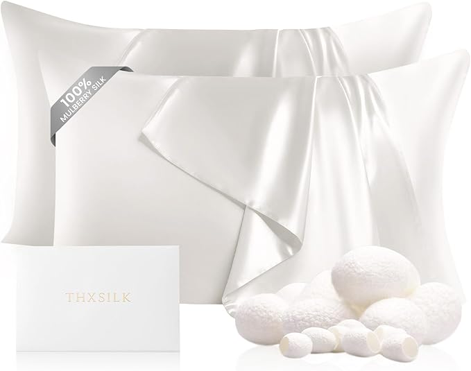 THXSILK Set of 2 100% Pure Mulberry Silk Pillowcases for Hair and Skin, Highest 6A+ Grade 22 Momme Silk Pillow Case Standard Size, Real Silk Pillowcases with Zipper (White, Standard)
