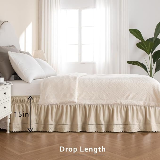 MIYE Wrap Around Ruffled Lace Bed Skirt, Elastic Dust Ruffle with Adjustable Belts, Easy to Put On, Bed Frame Cover, Machine Washable (Embroidered/Beige, King/Queen-15 Drop)