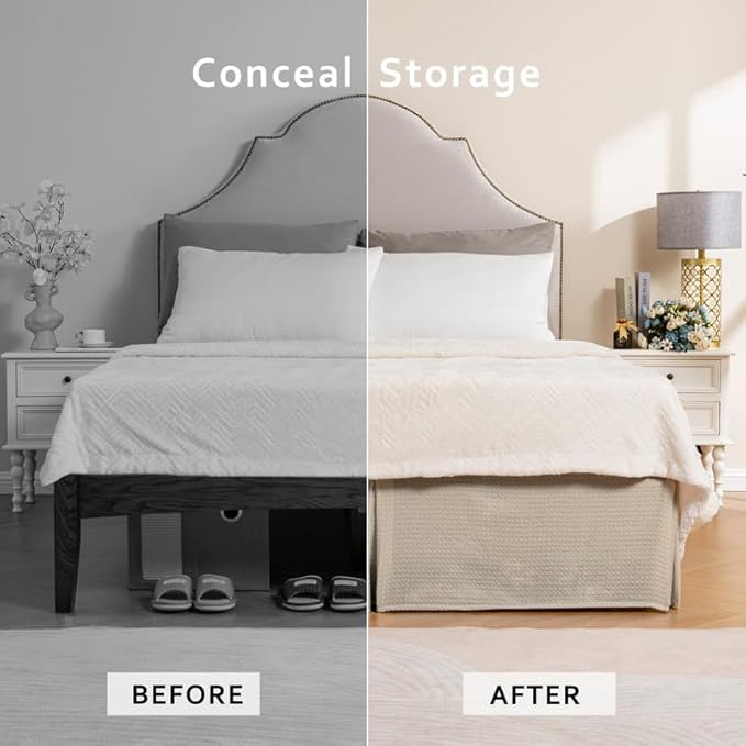 MIYE Pleated Waffle Weave Bed Skirt, Tailored Dust Ruffle 16 Inch Drop Easy Fit, Machine Washable,No Split Corners (Beige, Full - 16" Drop)