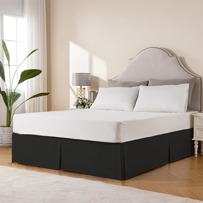MIYE Pleated Waffle Weave Bed Skirt, Tailored Dust Ruffle 18 Inch Drop Easy Fit, Machine Washable (Black, Twin - 18" Drop)