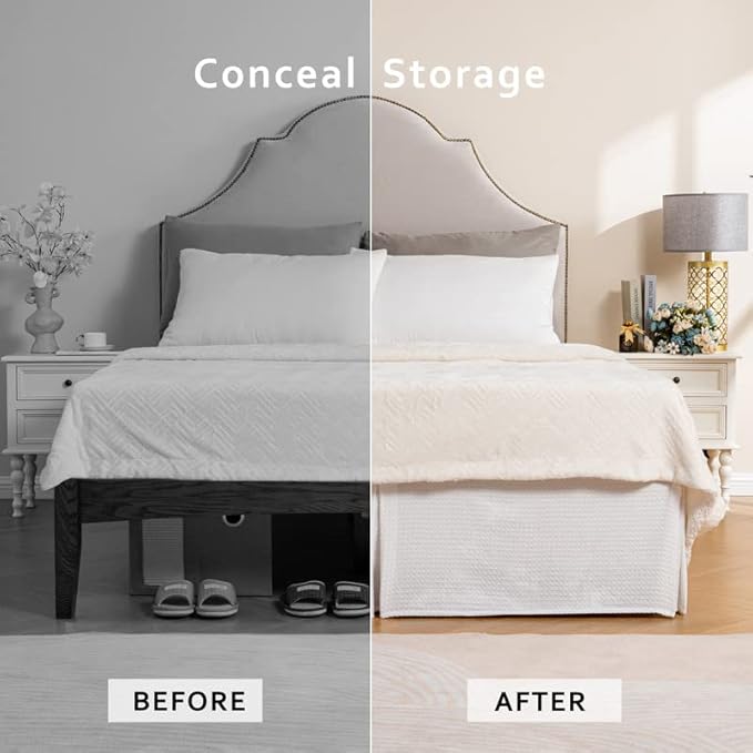 MIYE Pleated Waffle Weave Bed Skirt, Tailored Dust Ruffle 12 Inch Drop Easy Fit, Machine Washable (White, Queen - 12" Drop)