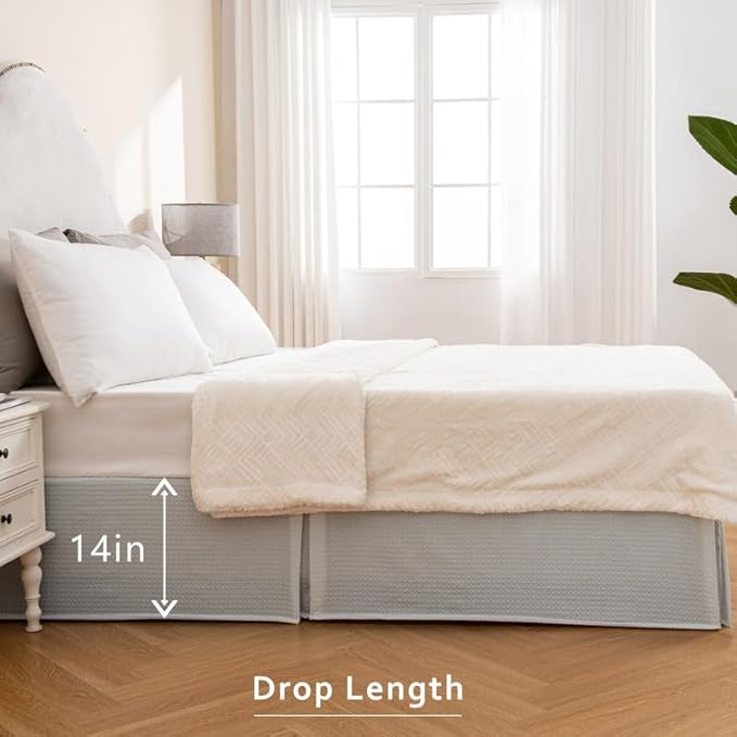 MIYE Pleated Waffle Weave Bed Skirt, Tailored Dust Ruffle 14 Inch Drop Easy Fit, Machine Washable (Light Grey, Queen - 14" Drop)