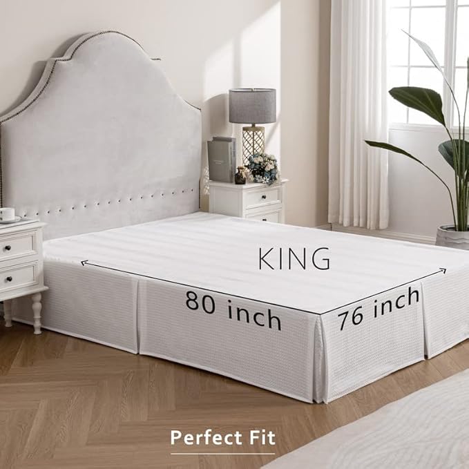 MIYE Pleated Waffle Weave Bed Skirt, Tailored Dust Ruffle 16 Inch Drop Easy Fit, Machine Washable, No Split Corners (White, King - 16" Drop)