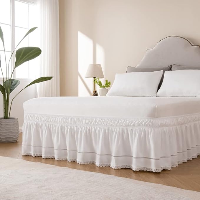 MIYE Wrap Around Ruffled Lace Bed Skirt, Elastic Dust Ruffle with Adjustable Belts, Easy to Put On, Bed Frame Cover, Machine Washable (Floral Lace/White, King/Queen-18 Drop)