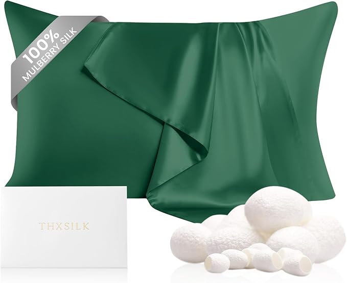 THXSILK 100% Mulberry Silk Pillowcase for Hair and Skin Heath 22 Momme, Best Gift Choice, Grade 6A+ Silk Both Sides, Hypoallergenic Pillow Cover with Zipper, 1pc(King 20"x36", Emerald Green)