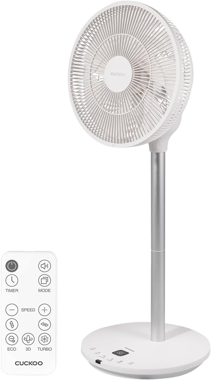 CUCKOO Oscillating Fan for Bedroom, Standing Pedestal Floor Fan with 12 Speeds & 4 Wind Modes, Adjustable Height with Remote, Quiet BLDC Electric Motor, Ideal for Any Room, White (CF-AC1410WH)