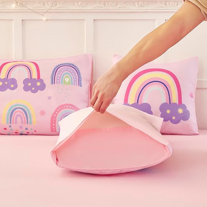 ANGIYUIN Colorful Rainbow Twin Size Comforter Set for Girls Cartoon Clouds Love Hearts Bedding Set with Sheets 6Pcs Kids Bed in A Bag, Pink, Twin