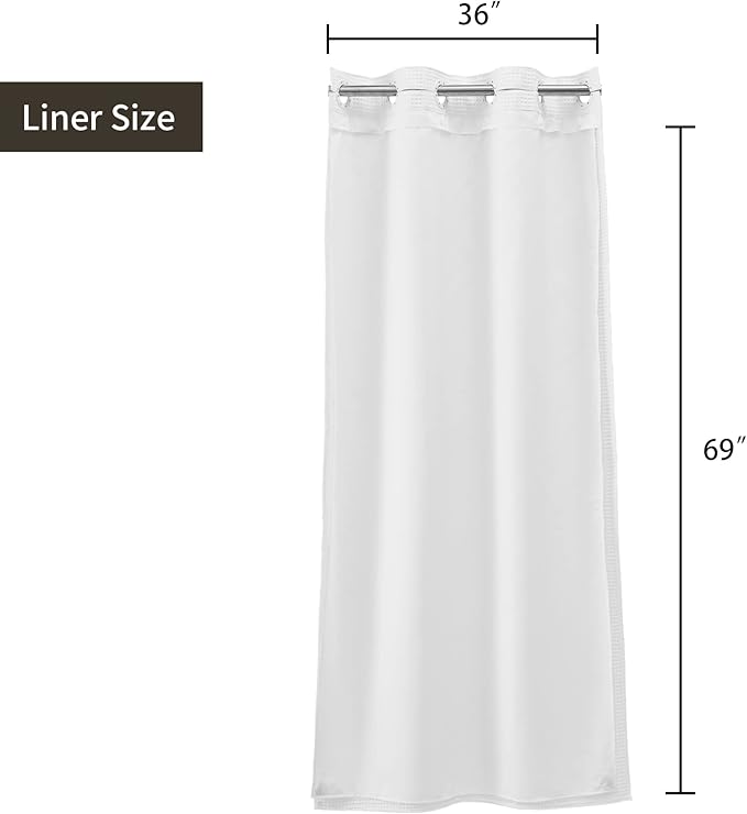 River Dream 36" W Stall Waffle No Hook Shower Curtain with Snap-in Liner,Cotton Blend Fabric Shower Curtain for Bathroom, White,36Wx74L