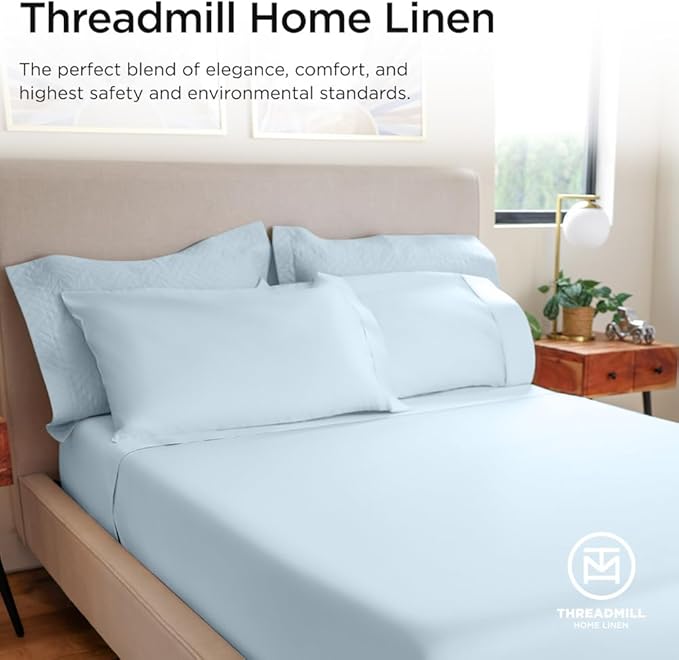 Threadmill 100% Cotton Sheets for Full Size Bed - 600 Thread Count Full Bed Sheets Set with 16” Deep Pocket - Sateen Weave 4-Piece Bedding Set with Cooling Effect, Blue