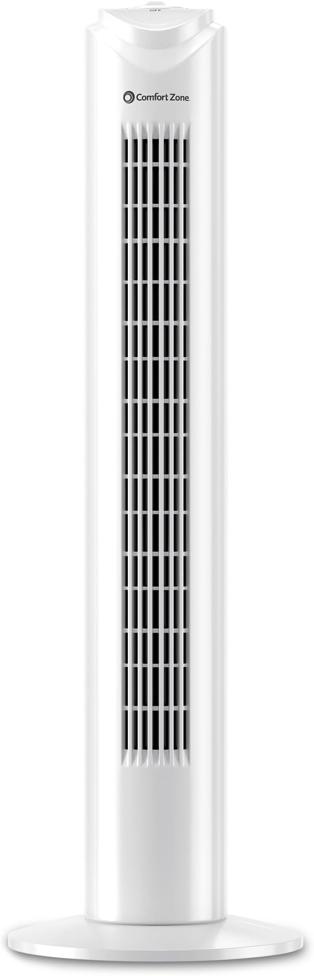 Comfort Zone Tower Fan for Bedroom, 32 inch, 3 Speeds, 90 Oscillation, Bladeless Indoor Fan, Built in Carry Handle, Portable Stand Fan, White