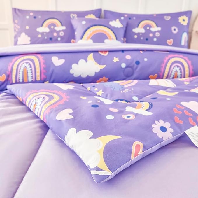ANGIYUIN Purple Kids Full Size Bedding Set Colorfurl Rainbow and Clouds Girls Bed in A Bag with Sheets Cartoon Saleboat Stars Kid Bed Set for Girl Soft Microfiber Comforter Set, Purple, Full