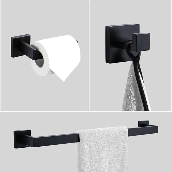 Ralbay 24" Matte Black Towel Bar 3-Pieces Set SUS 304 Stainless Steel Square Style Wall Mounted Towel Rack Set, Includes 24" Towel Single Bar, Toilet Paper Holder, Robe Towel Hook