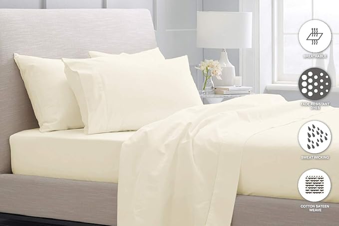 Pizuna Pure 100% Cotton Sheets 6pc Queen Size, 800 Thread Count Long Staple Cotton Crisp Sateen Sheets 6pc Queen with 15" Deep Pocket (Combed New Ivory Cotton Sheets 6pc Queen)