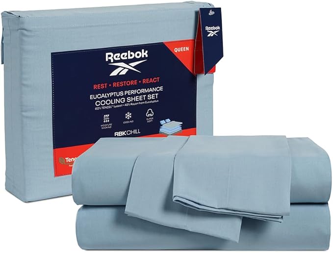 Reebok King Size Sheet Set from Tencel Eucalyptus - Soft, Cooling & Breathable for Hot Sleepers, Deep Pocket Up to 17 Inches, 4Pc Hotel Luxury Bedding Set, Bedsheet & Pillowcases(Niagara Mist, King)