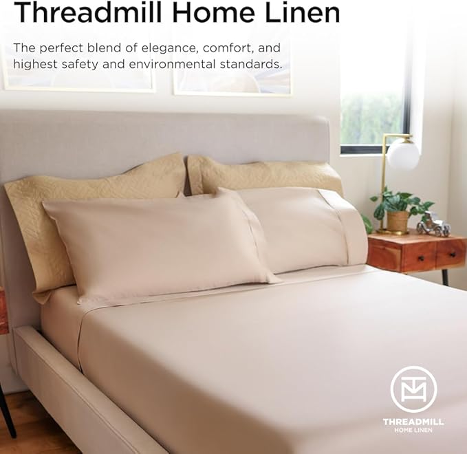 Threadmill 100% Cotton Sheets for Twin Size Bed - 600 Thread Count Twin Bed Sheets Set with 15” Deep Pocket - Sateen Weave 3-Piece Bedding Set with Cooling Effect, Beige