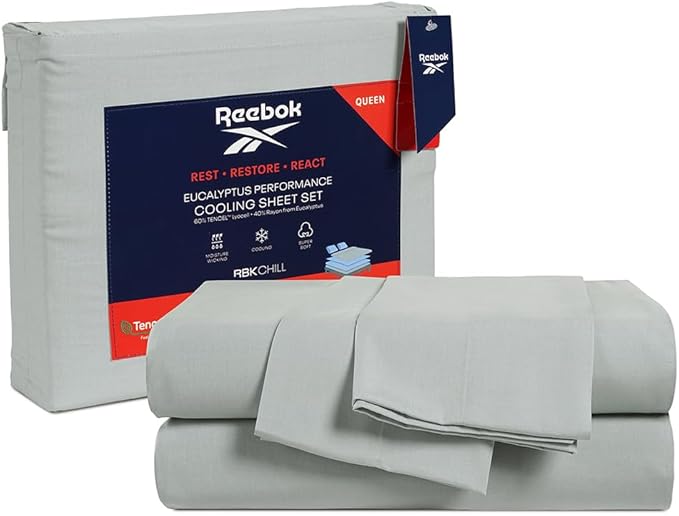 Reebok Queen Sheet Set from Tencel Eucalyptus - Soft, Cooling & Breathable for Hot Sleepers, Deep Pocket Up to 17 Inches, 4Pc Hotel Luxury Bedding Set, Bedsheet & Pillowcases (Lunar Rock, Queen)