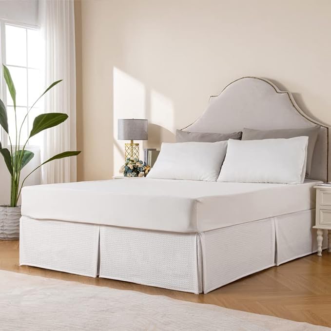 MIYE Pleated Waffle Weave Bed Skirt, Tailored Dust Ruffle 16 Inch Drop Easy Fit, Machine Washable (White, Twin - 16" Drop)