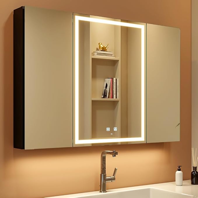 KWW LED Lighted Bathroom Medicine Cabinet with Sockets & USBs, Defogger, Dimmable, 3 Color Light Makeup Mirror, Easy to Install, Wall Mounted Cabinet (Three-Door, 40 * 28)