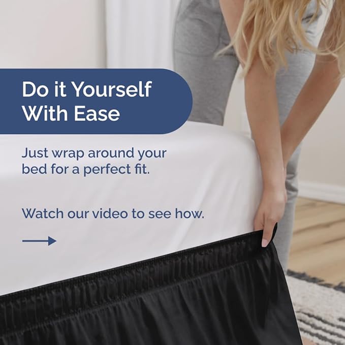 Wrap Around Dust Ruffle Bed Skirt - Black - for King Size Beds with 12 Inch Drop - Easy Fit Elastic Strap - Adjustable Pleated Bedskirt w/Brushed Fabric - Wrinkle Free - for Women, Men, Kids & Teens