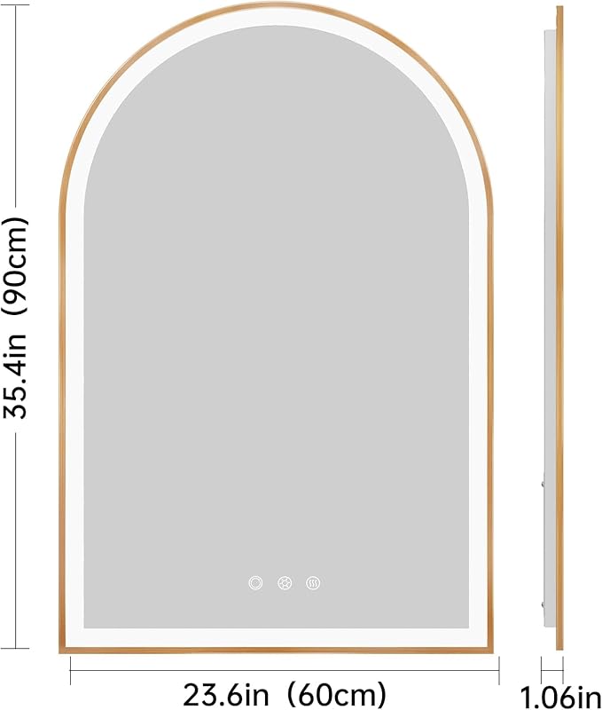 Arched LED Mirror for Bathroom 24"x36", Orange Gold LED Bathroom Mirror with Lights, Fogless, Dimmable, Shatterproof, Touch Sensor, 3 Color Changing