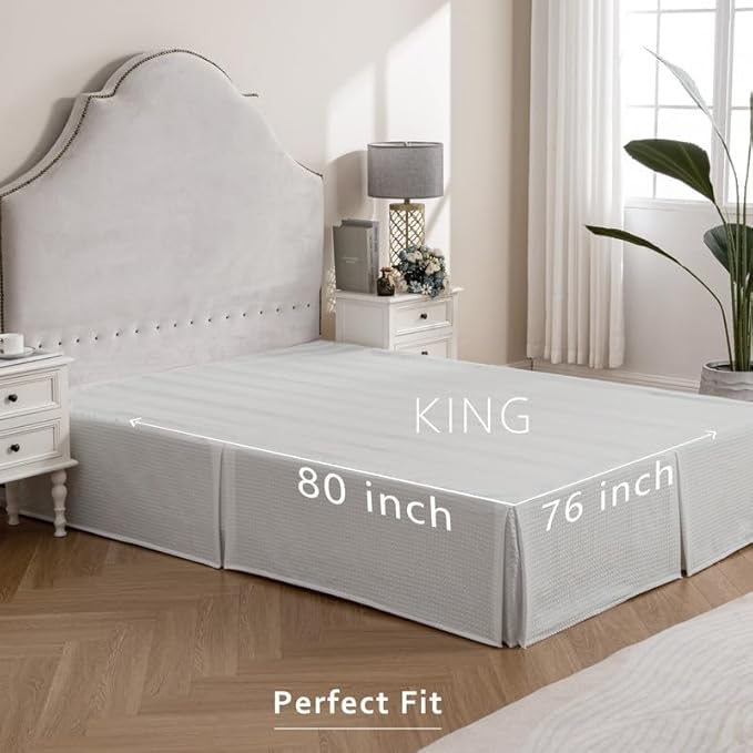 MIYE Pleated Waffle Weave Bed Skirt, Tailored Dust Ruffle 12 Inch Drop Easy Fit, Machine Washable (Light Grey, King - 12" Drop)