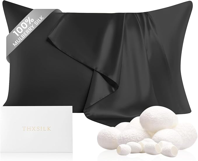 THXSILK 100% Pure Mulberry Silk Pillowcase for Hair and Skin Health, 22 Momme Soft and Smooth Pillowcase with Hidden Zipper, Both Sides Grade 6A+ Mulberry Silk, 1pc (Standard 20"x26", Black)