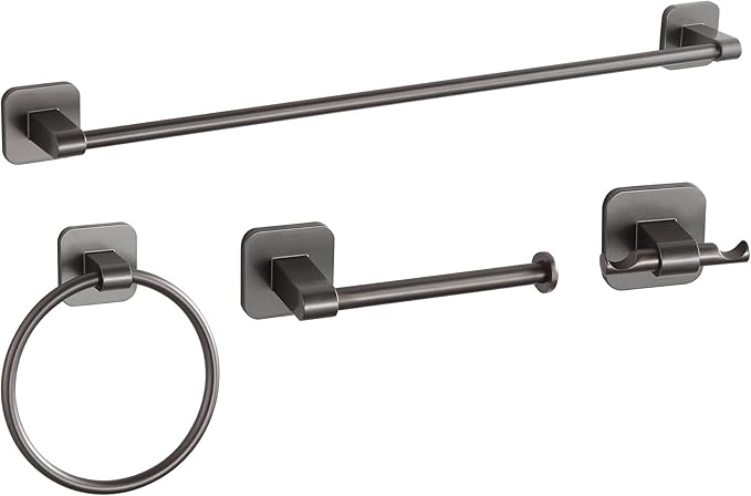 Bathroom Accessories Set, 4 Pieces Bathroom Hardware Set, 24 inch Towel Bar, Towel Racks, Robe Towel Hooks, Toilet Paper Holder Wall Mounted Or Self-Adhesive,Stainless Steel and Plastic (Gray)