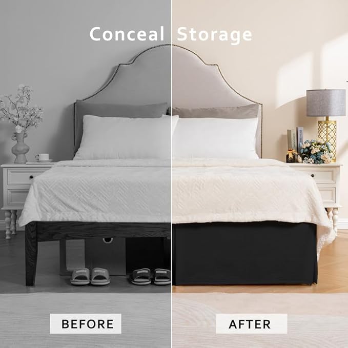 MIYE Pleated Waffle Weave Bed Skirt, Tailored Dust Ruffle 12 Inch Drop Easy Fit, Machine Washable (Black, Full - 12" Drop)