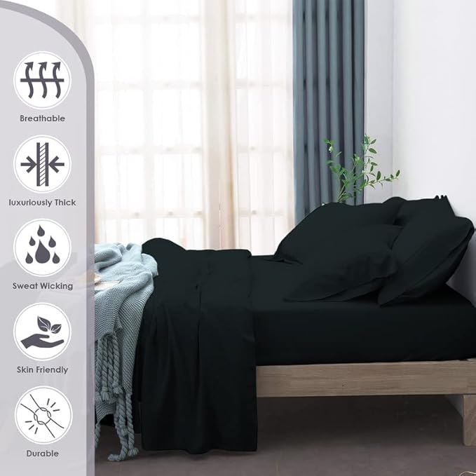 Pizuna Pure 100% Cotton Queen Size Sheet Set Black, 800 Thread Count 100% Long Staple Cotton Sateen Queen Sheet Set with 15" Deep 2 Extra Pillowcases (Combed Cotton Bed Sheet Set)