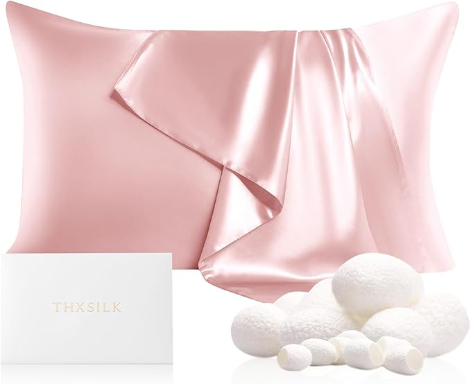 THXSILK Silk Pillowcase for Hair and Skin, 22 Momme 100% Mulberry Silk Grade 6A+ Silk Dual-Sided, Pillow Case with Hidden Zipper, King Size 20"x36", 1pc, Light Pink