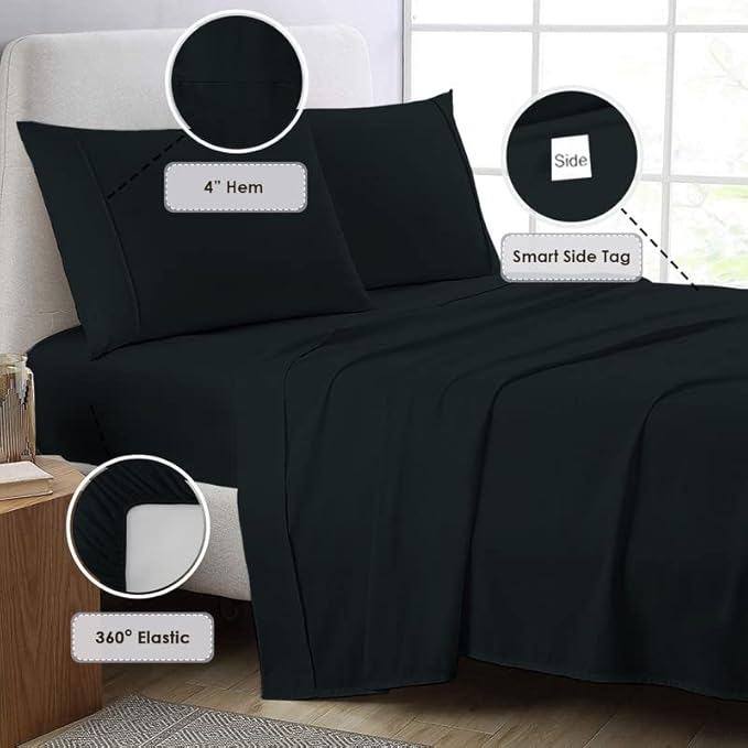 Pizuna Pure 100% Cotton Sheets Full Size, 800 Thread Count Long Staple Crisp Sateen Sheets with 15 Inch Deep Pocket - Combed Black