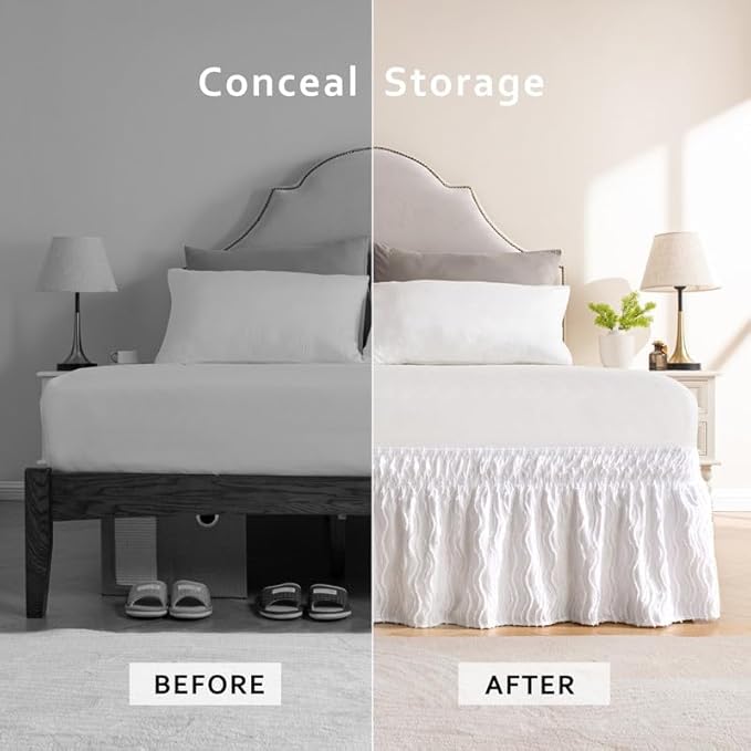MIYE Wavy Tufted Bed Skirt - Wrap Around Dust Ruffle with Elastic Belts - 15 Inch Drop Easy to Put On - Bedskirt Machine Washable ＆ Wrinkle Resistant(Wavy/White, King/Queen-15 Drop)
