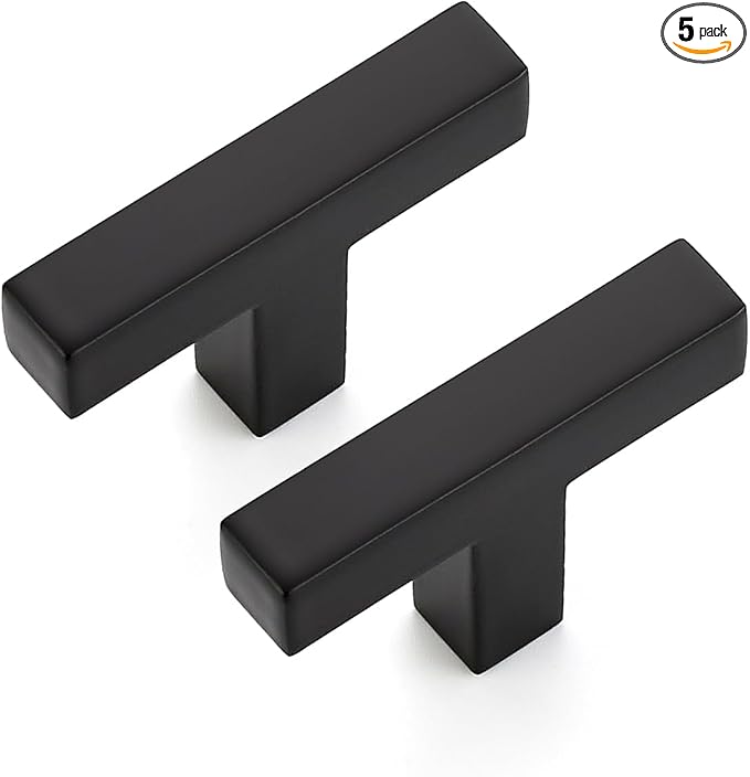 Ravinte 5 Pack Solid Single Hole Slim Square Bar Drawer Handles - Cabinet Hardware Pulls in Matte Black - Kitchen and Bathroom Handles