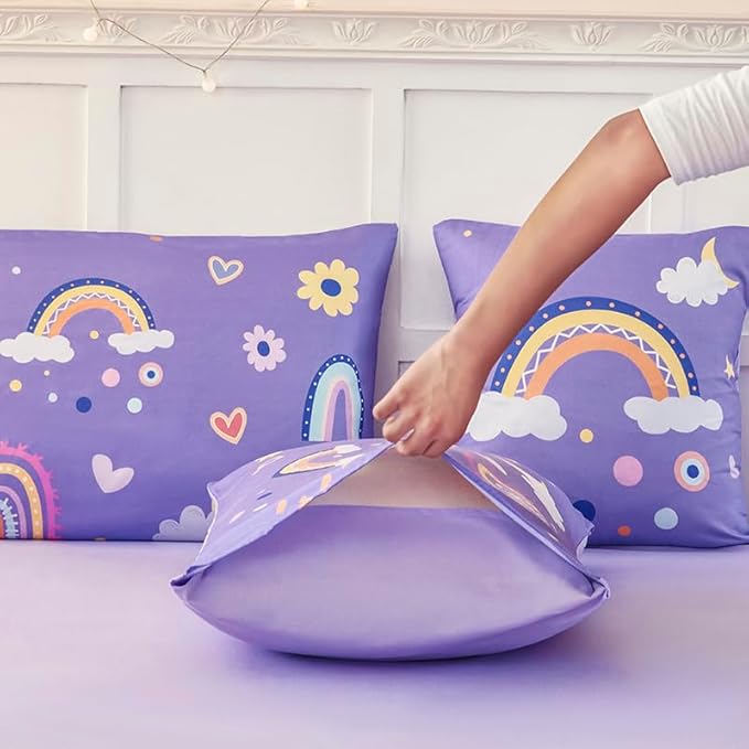 ANGIYUIN Purple Kids Full Size Bedding Set Colorfurl Rainbow and Clouds Girls Bed in A Bag with Sheets Cartoon Saleboat Stars Kid Bed Set for Girl Soft Microfiber Comforter Set, Purple, Full