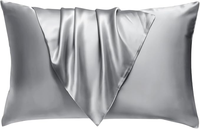 BHZ Satin Goose Down Feather Pillows Standard Size with Satin Pillowcase for Hair and Skin, Cooling Pillow Cases Similar to Silk Pillow Cases, Decorative for Women, Mom Men, Grey