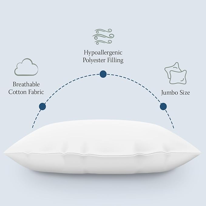 DOWNLITE 10-Pack Set of Hotel Style Hypoallergenic Down Alternative Bed Pillows – Standard/Queen Jumbo Size, 20” x 28” – Soft/Medium Density, for Stomach & Back Sleepers – Machine Washable & Dryable