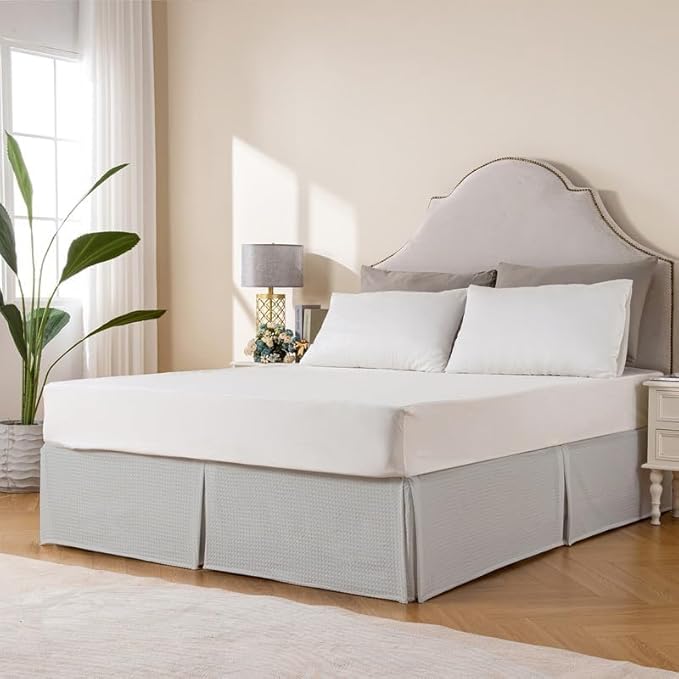 MIYE Pleated Waffle Weave Bed Skirt, Tailored Dust Ruffle 12 Inch Drop Easy Fit, Machine Washable (Light Grey, Queen - 12" Drop)
