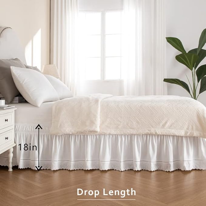 MIYE Wrap Around Ruffled Lace Bed Skirt, Elastic Dust Ruffle with Adjustable Belts, Easy to Put On, Bed Frame Cover, Machine Washable (Embroidered/White, Full/Twin-18 Drop)