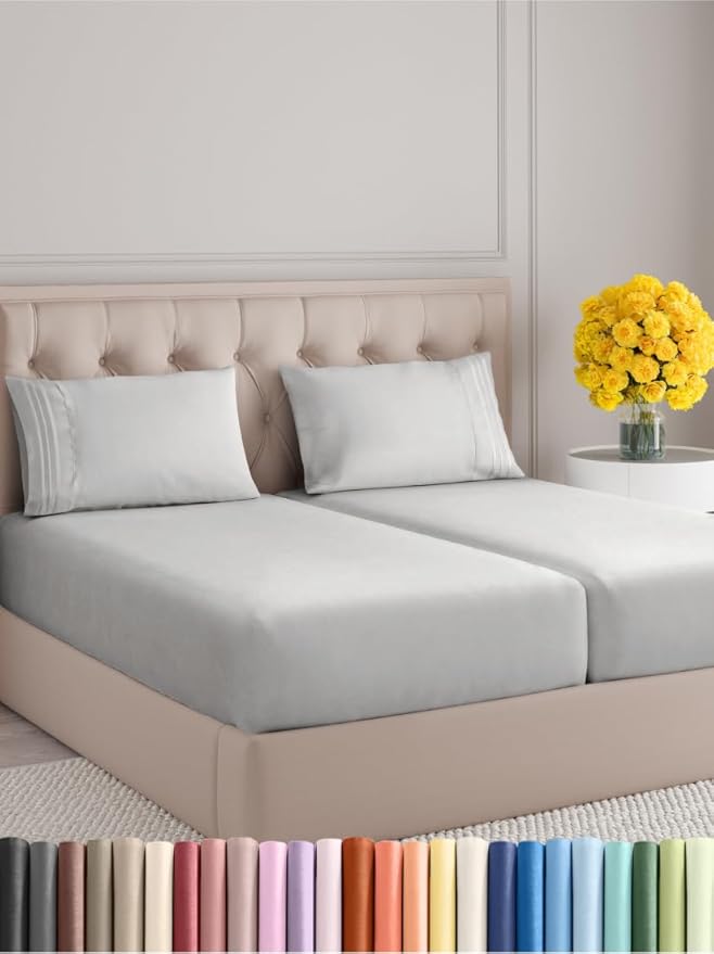 Split King Size 5 Piece Sheet Set - Extra Soft, Breathable & Cooling - Hotel Luxury Durable Bed Sheets - Deep Pockets, Easy-Fit & Wrinkle-Free - Soft Grey Oeko-Tex