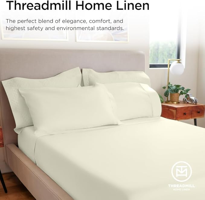 Threadmill 100% Cotton Sheets for Full Size Bed - 600 Thread Count Full Bed Sheets Set with 16” Deep Pocket - Sateen Weave 4-Piece Bedding Set with Cooling Effect, Ivory