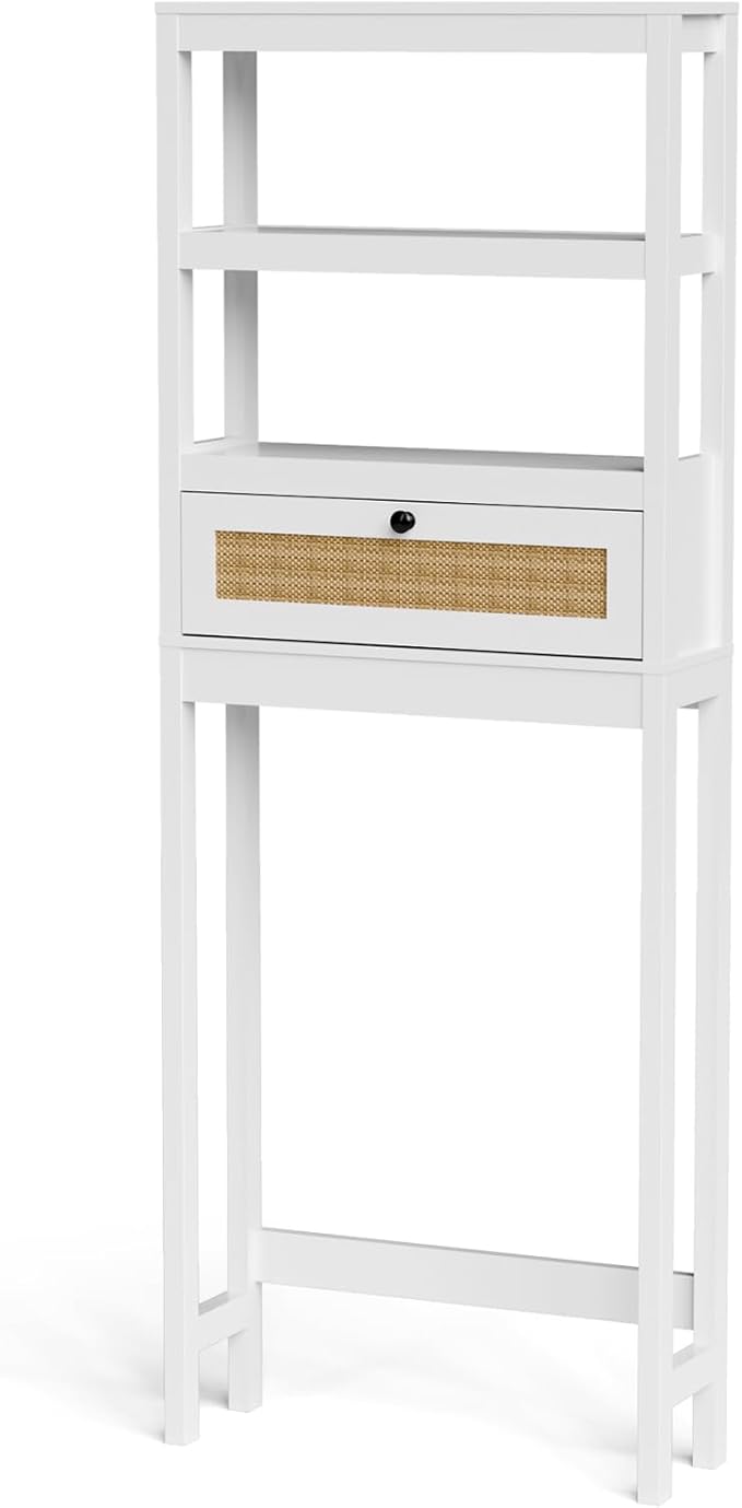 Over The Toilet Storage Cabinet, 3-Tier Bathroom Organizer with Rattan Door, Wooden Space Saver for Restroom, Bathroom, Laundry