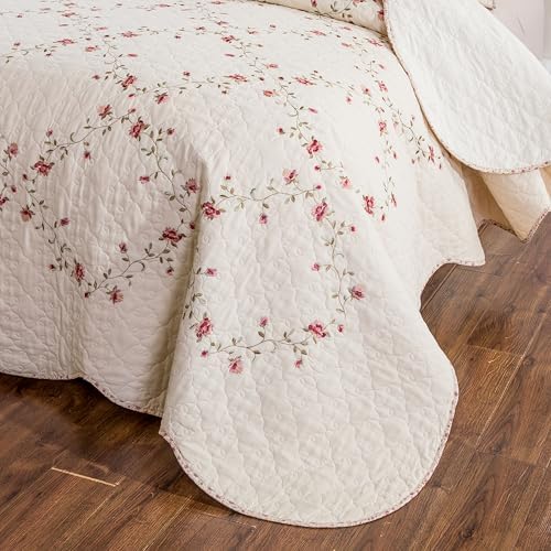 Quilt Set Floral Leaves 3D Embroidery Pattern 3 PCS Cotton Reversible Quilted Embroidered Decorative Bedspreads Coverlet Set, Lightweight &Soft Full Size Beige Bedding Coverlet for All Season