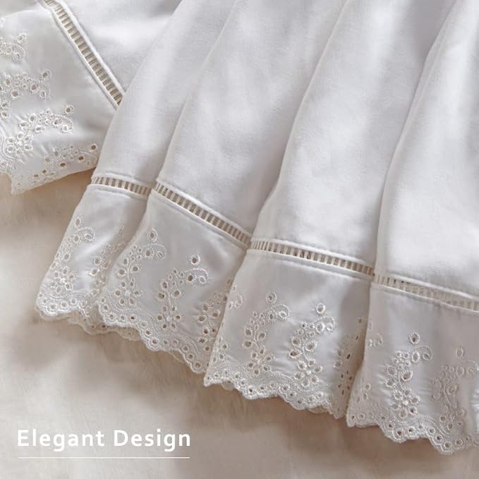 MIYE Wrap Around Ruffled Lace Bed Skirt, Elastic Dust Ruffle with Adjustable Belts, Easy to Put On, Bed Frame Cover, Machine Washable (Embroidered/White, King/Queen-12.5" Drop)