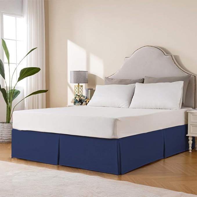 MIYE Pleated Waffle Weave Bed Skirt, Tailored Dust Ruffle 18 Inch Drop Easy Fit, Machine Washable (Navy Blue, King - 18" Drop)