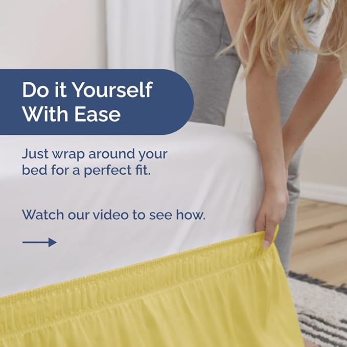 Wrap Around Dust Ruffle Bed Skirt - Yellow - for Queen Size Beds with 18 Inch Drop - Easy Fit Elastic Strap - Adjustable Pleated Bedskirt w/Brushed Fabric Wrinkle Free - for Women, Men, Kids & Teens