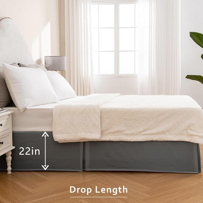 MIYE Pleated Waffle Weave Bed Skirt, Tailored Dust Ruffle 22 Inch Drop Easy Fit, Machine Washable (Dark Grey, TwinXL - 22" Drop)